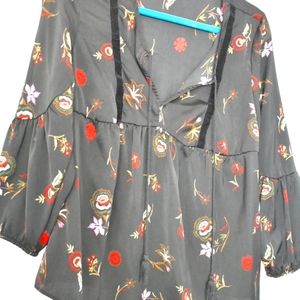 Black satin floral top